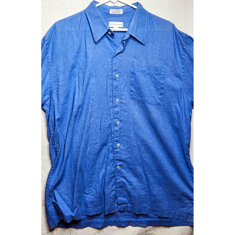 Cutter & Buck Blue Solid Linen Cotton Short Sleeve Point Collar Shirt Men's XL